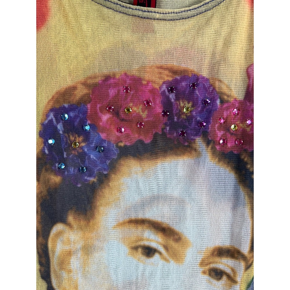 VINTAGE Just In Time Mesh Top Womens Large Frieda Khalo Graphic Embellished - Picture 7 of 12